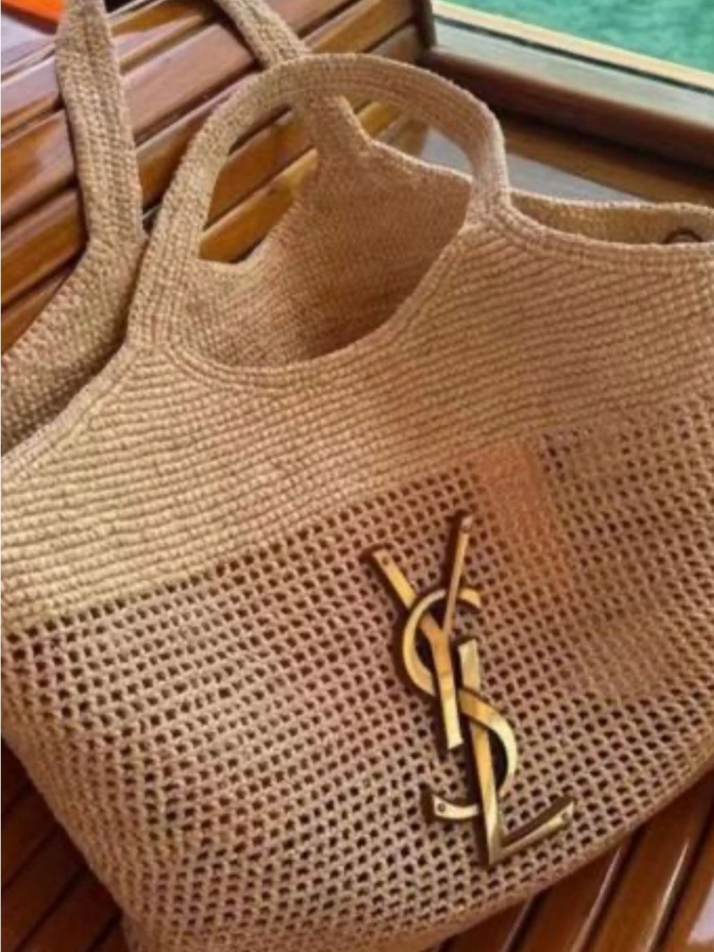 Yves Saint Laurent Woven Tan Tote with Gold YSL Emblem